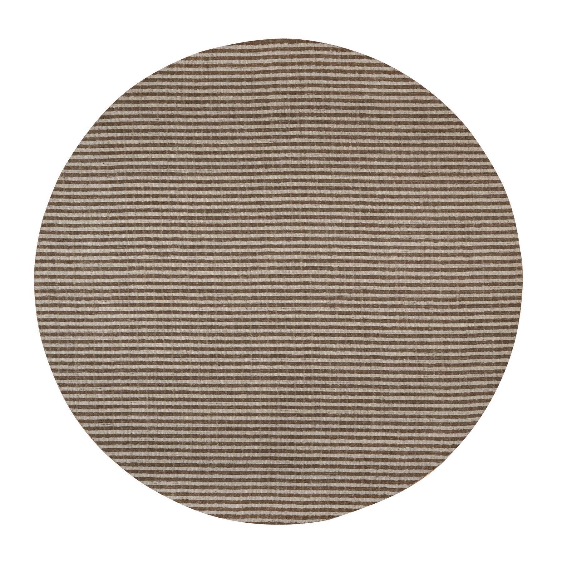 Tan and Chocolate Brown, Horizontal Stripes Design with Salt and Pepper Effect, Hand Loomed, Undyed Natural Wool, Round, Oriental Rug